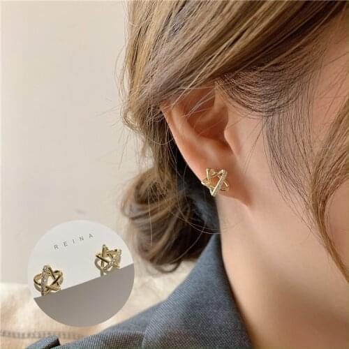 S925 Needle Stud Earrings Korean Simple Crystal Hollow Pentastar Fashion Earrings Jewelry Wholesale
