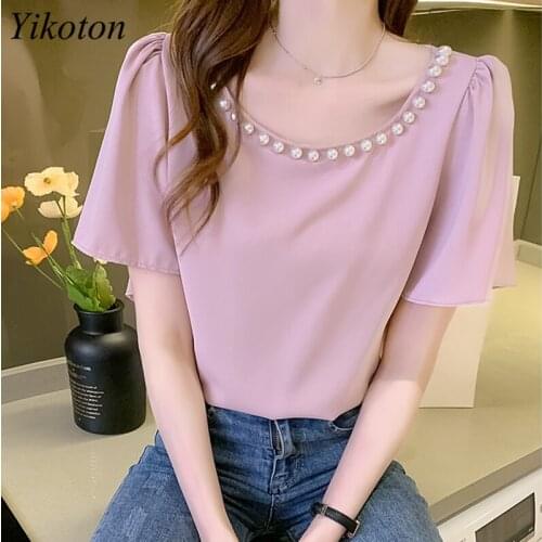 Chiffon White Shirt Women Blouse And Tops Summer Shirts O-Neck Womans Clothing Casual Loose Beading Petal Sleeve Camisa mujer
