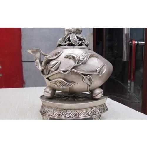 Tibet Folk Buddhism Bronze Copper & silver unique peach incense burner Censer