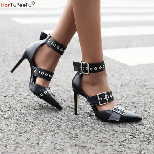 Women Thin and High Heel Sandal Buckle Design 2021 Summer Pumps PU Leather Sexy Party Pointed Shoes Female Plus Size 3~17
