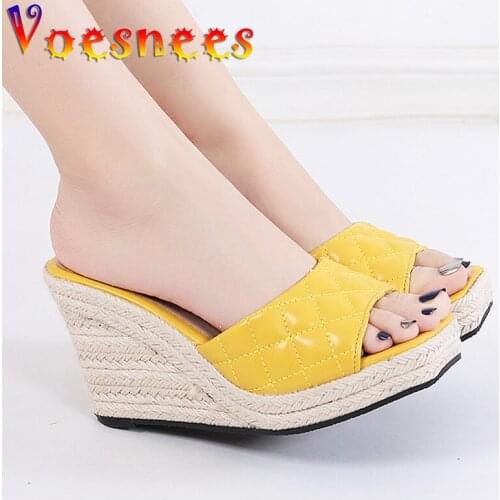 Big Size Womens Shoes 2021 Summer New Square Head Slippers Hemp Rope Straw Bottom High Heels Platform Wedges Multicolor Sandals