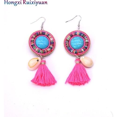 Handmade round earrings fashion shell earrings for women bohemian style fringed leather earrings natural shell jewelry