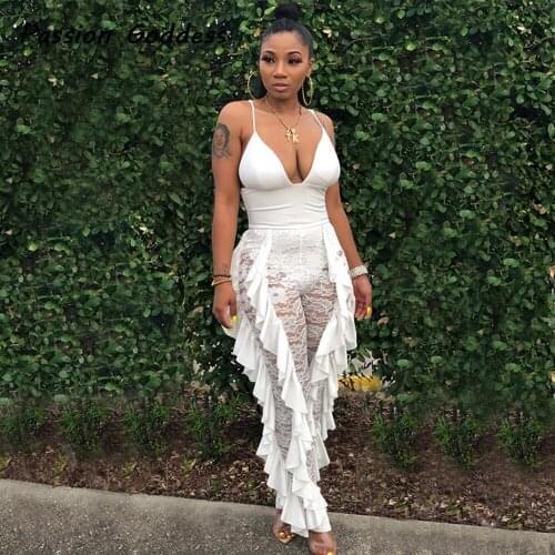 Women Lace Patchwork Ruffles Slim Jumpsuit Outfits Sleeveless V Neck Strap Overalls Perspective Full Pants Long Jumpsuit Macacao