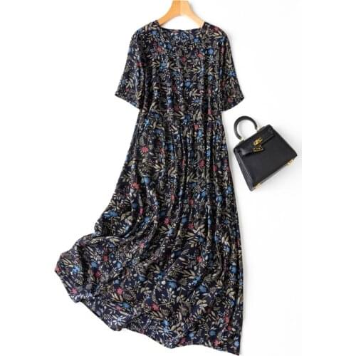 Womens 100% Silk luxury Fashion Heavy Long Dress Half Sleeve Elegant Round Neck Fashion Navy Floral Prints One Size L1158