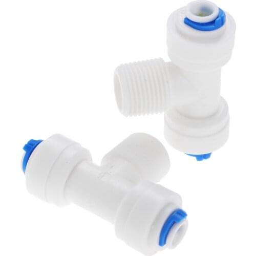 2Pcs Reverse Osmosis RO Water System Quick Pipe Fittings T-type Tee 1/4 OD Hose 3/8"" BSP Male Therad Plastic Coupling Connector