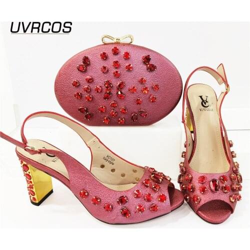 2021 Lastest Hot Selling Italian Design Nigerian Fashion Red Color Party Women Shoes and Bags Decorated With Rhinestone