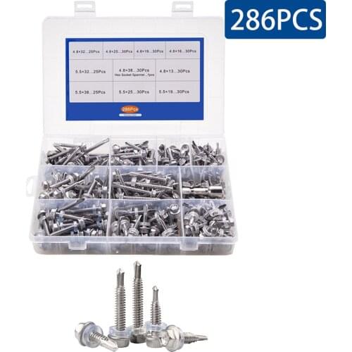 286PCS/Box 410 Stainless Steel M4.8 M5.5 Hexagon Flange Self-drilling Tapping Screws Thread Assorted Kit With Hex Socket Wrench