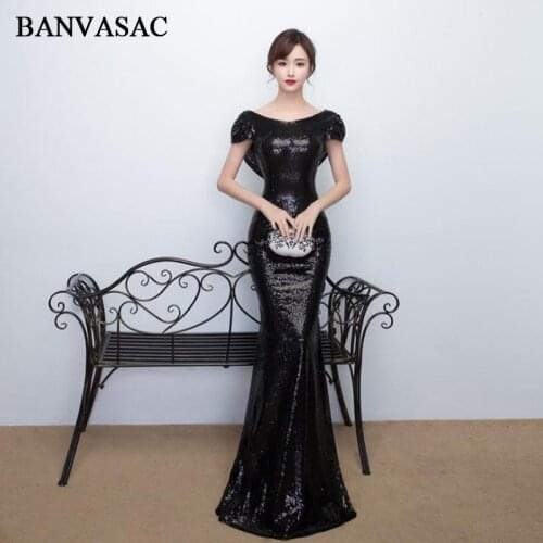 BANVASAC 2019 O Neck Elegant Mermaid Sequined Long Evening Dresses Party Short Cap Sleeve Backless Prom Gowns