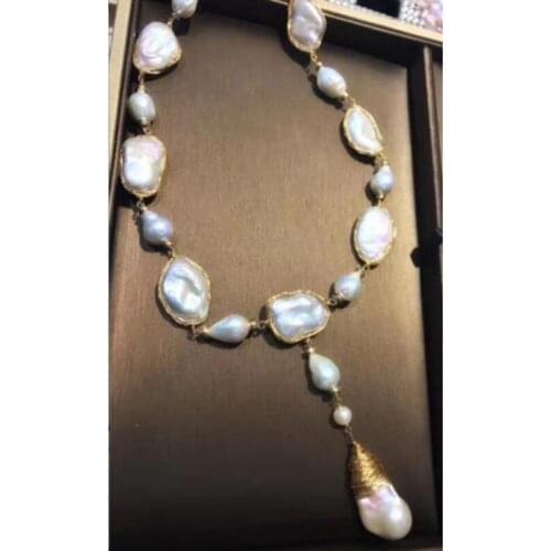 Free shipping noble jewelry natural baroque pearl necklace long 9K Gold