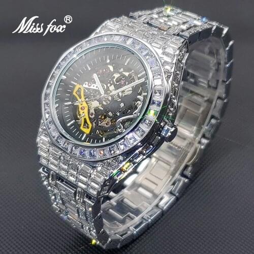 MISSFOX Hip Hop Tourbillon Automatic Watch For Men Luxury Diamond Ice Out Clock Stainless Steel Skeleton Mechanical watches 2021