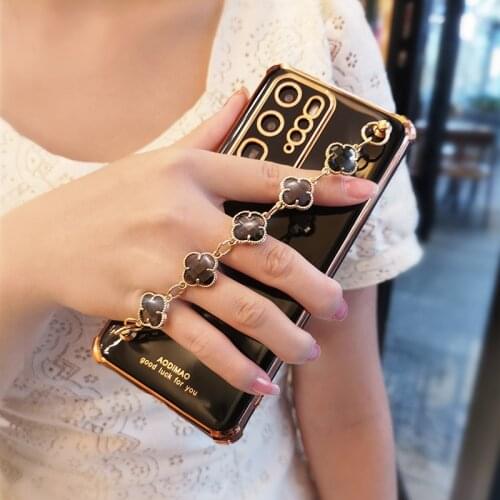 Four-leaf Wrist Chian Strap phone case for huawei p40Pro For iPhone11/12 ProMax mini Blingbling bracelet Coque case