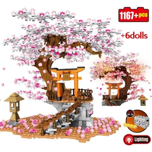 City Friends Street View Idea Sakura Stall Inari Shrine Bricks Cherry Blossom Landscape House Building Blocks Toys for Kids