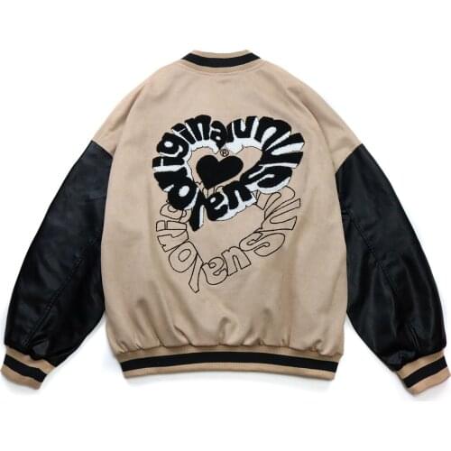 Hip Hop Furry Heart Patchwork Varsity Jacket Men Zipper Baseball Jackets Vintage Harajuku Oversized Streetwear Autumn Unisex