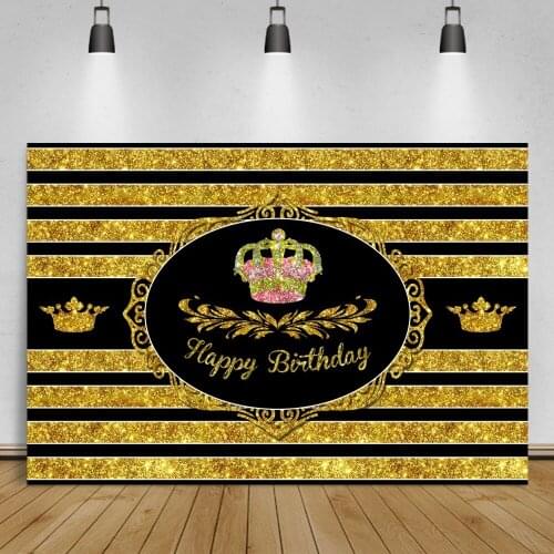 Laeacco Gold Glitters Stripe Backdrop For Photography Crown Happy Birthday Party Photocall Background Personalized Photo Studio
