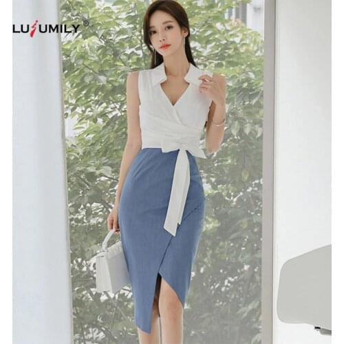 Lusumily Plain Stitching Summer Office Dress Women Sexy V-Neck Sleeveless Bodycon Patchwork Asymmetry Elegant Party Dress Women