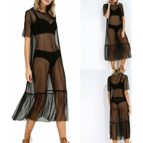 Summer Sexy Women Party Evening Black Mesh Dress Sheer Dot Beach Sundress See Through Tulle Lace Long Dress