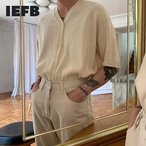 IEFB Summer Short Sleeve Single Breasted V Collar Mens T-shirt Loose Korean Casual Thin Ice Silk Trend Tee Tops 2021 New 9Y7667