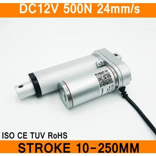 Linear Actuator 12V DC Motor 500N 24mm/s Stroke 10-250mm Linear Motion Controller IP54 Aluminum Alloy Waterproof CE RoHS ISO