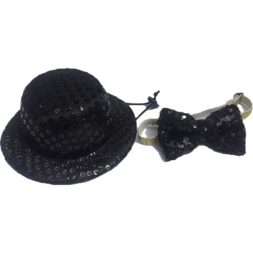 Small Dog Black Sequined Cylinder Top Hat with Bow Tie Set Costume Pet Festive Travel Beauty Decor Collar Accessories for Small
