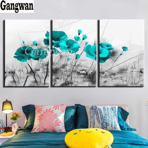 Diy diamond embroidery blue poppy art diamond painting full square mosaic 3 pcs flower picture of rhinestone cross stitch decor