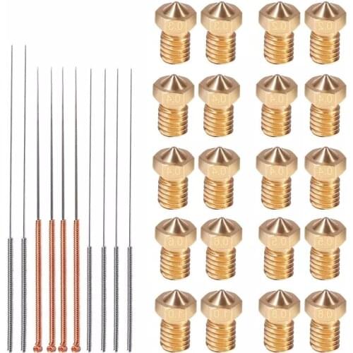 20 PCS M6 3D Printer Nozzles with 10PCS Cleaning Needles Kit, V6 V5 Brass Exruder Nozzle Print Head for E3D Makerbot