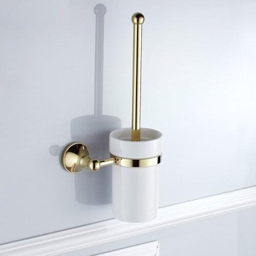 Wall Mounted Luxury Gold Color Brass Bathroom Toilet Brush Holder Set Bathroom Accessory Single Ceramic Cup mba879