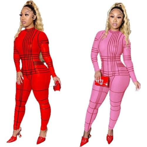 New Stylish Women Long Sleeves O Neck Printed Patchwork Bodycon Club Jumpsuit