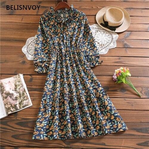 4 Colour Mori Girl Floral Printed Dress Fashion Women Ruffled Autumn Winter Warm Corduroy Vintage Dresses Female Clothes