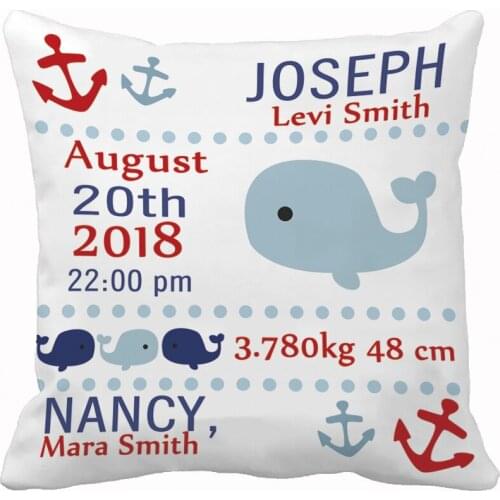 Custom Kid Cushion Cover Cute Blue Whale Anchor Pillow Cover Polyester Cotton Linen Child Pillow Case Boy and Girl Birth Stats