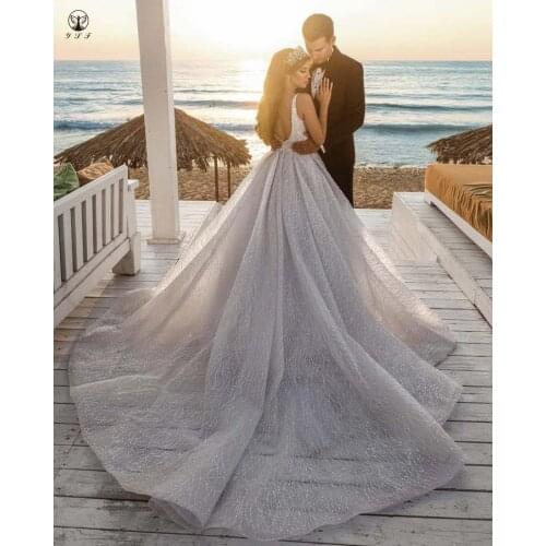 2021 Luxury Wedding Dresses Square Beaded Bling Bling Sleeveless Low Back Ball Gown Robe De Mariee