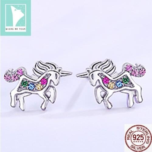 925 silver Unicorn stud Earrings for kids girls chirldren multicolor rhinestones pendientes unicornio aretes unicornio
