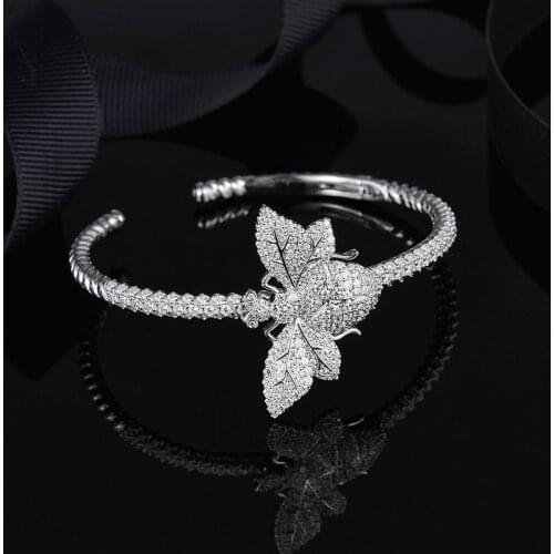 SOELLE Real 925 Sterling Silver Wasp Open Cuff L'aventuriere Bangle Micro Full Cubic Zirconia Bracelet Women Luxury Jewelry