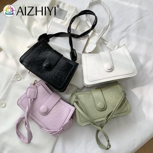 Women Cartoon Print Shoulder Bag PU Leather Solid Color Flap Handbag Tote Fashion Ladies Simple Daily Pouch