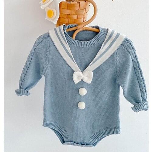 Navy Collar Autumn Winter Baby Girls Clothes Knitting Long Sleeve Baby Girl Knitting Bodysuits Infant Baby Girls Jumpsuit