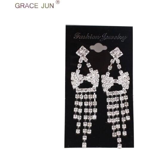 GRACE JUN Top Quality Rhinestone Crystal Bowknot Long Tassel Dangle Drop Earrings for Women Party Prom Fashion Elegant Earrings