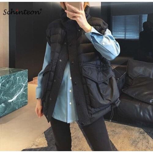 Schinteon Women White Duck Down Vest Casual Loose Over Size Stand Collar Autumn Warm Waistcoat Gilet High Quality Winter Top