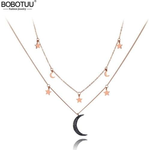 BOBOTUU Neo-Gothic Stainless Steel Double Layer Star & Moon Choker Necklaces Jewelry Lovely Pendant Necklace For Women BN19164