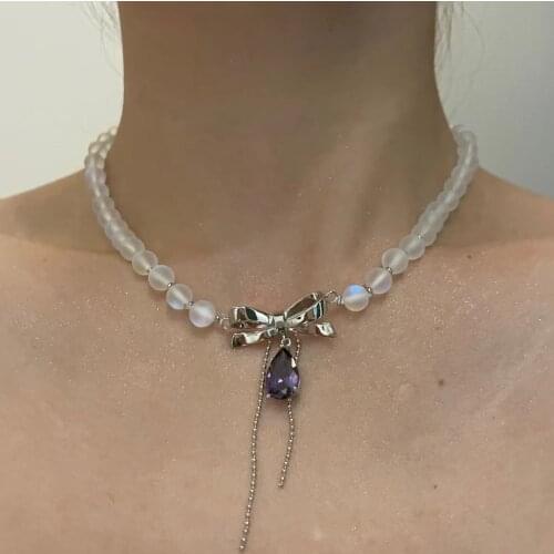 Korea Frosted Imitation Pearl Clavicle Chain Necklace for Women Metal Bow Pendant Necklace Vintage Geometric Tassel Y2k Necklace