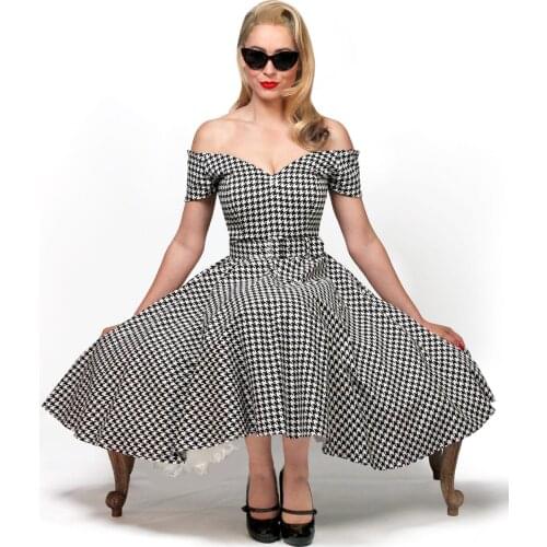 30- summer women vintage 50s houndstooth circle swing dress in black white plus size dresses rockabilly vestidos pin up jurken