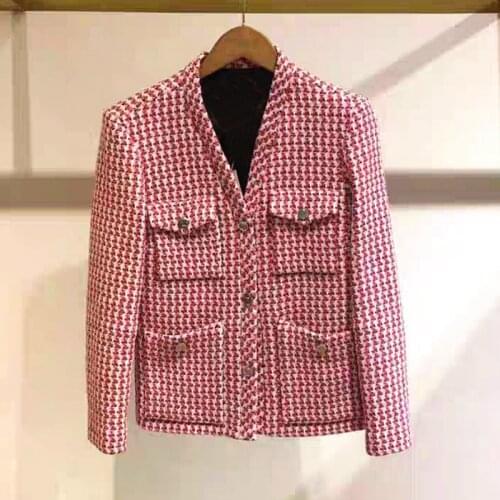 2020 autumn Top women casual coat French pink check V-neck buttoned short office jacket