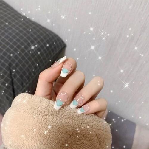 24pcs Pearl Heart Shape Wear Long Paragraph Fashion Manicure Patch False Nails Save Time Wearable Nail Patch SANA889