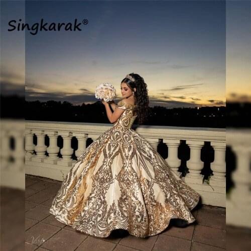 2021 Shining Gold Ball Gown Quinceanera Dresses Beaded Off Shoulder Tulle Sequined Sweet 15 16 Dress XV Party Wear