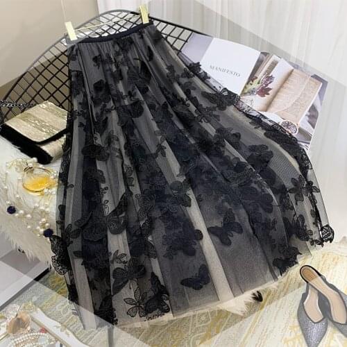 TingYiLi Butterfly Embroidery Tulle Skirt Layers Summer Elastic High Waist Black Beige Burgundy Skirt Women Mesh Long Skirt Tutu