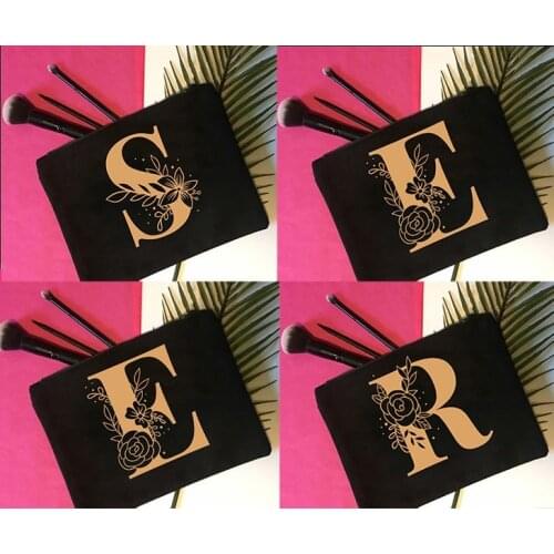 Gold Letters Large Rose Flower Plant Black Canvas Cosmetic Bag Lipstick Women Fashion Makeup Bag Eco Portable Bag Zipper Pouch
