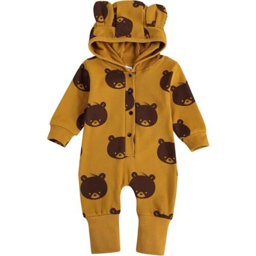 Cute Newborn Baby Girls Boys Romper Cartoon Print 3D Ear Hooded Long Sleeve Single Breasted Cotton Warm Jumpsuits 0-24M