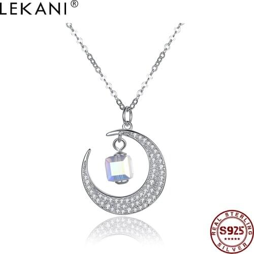 LEKANI Moon Necklace For Women Sterling Silver 925 Jewelry Colorful Square Austria Crystal Pendant Necklaces Engagement Gift