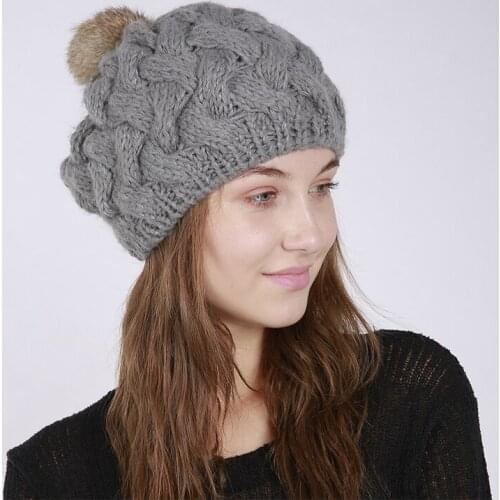 MingJieBiHuo Cute autumn and winter new handmade bamboo solid rabbit hair ball knitting wool warm female outdoor round women cap