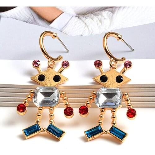 Fashion Trend Womens Multicolored Cute Robot Shaped Rhinestone Earrings Party Wedding Earrings Accessories