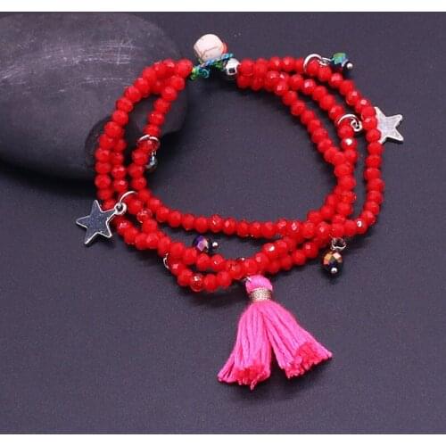 Fashion Black Red 4mm Crystal Bracelet Bohemian Crystal 3 Layers Beaded Ladies Bracelet 5 Point Star Tassel Party Wrist Jewelry