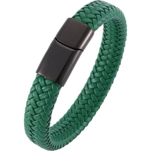 Men Bracelet Green Leather Bracelets Charm Black Stainless Steel Magnetic Clasp Bangles Male Jewelry Gift BB0016